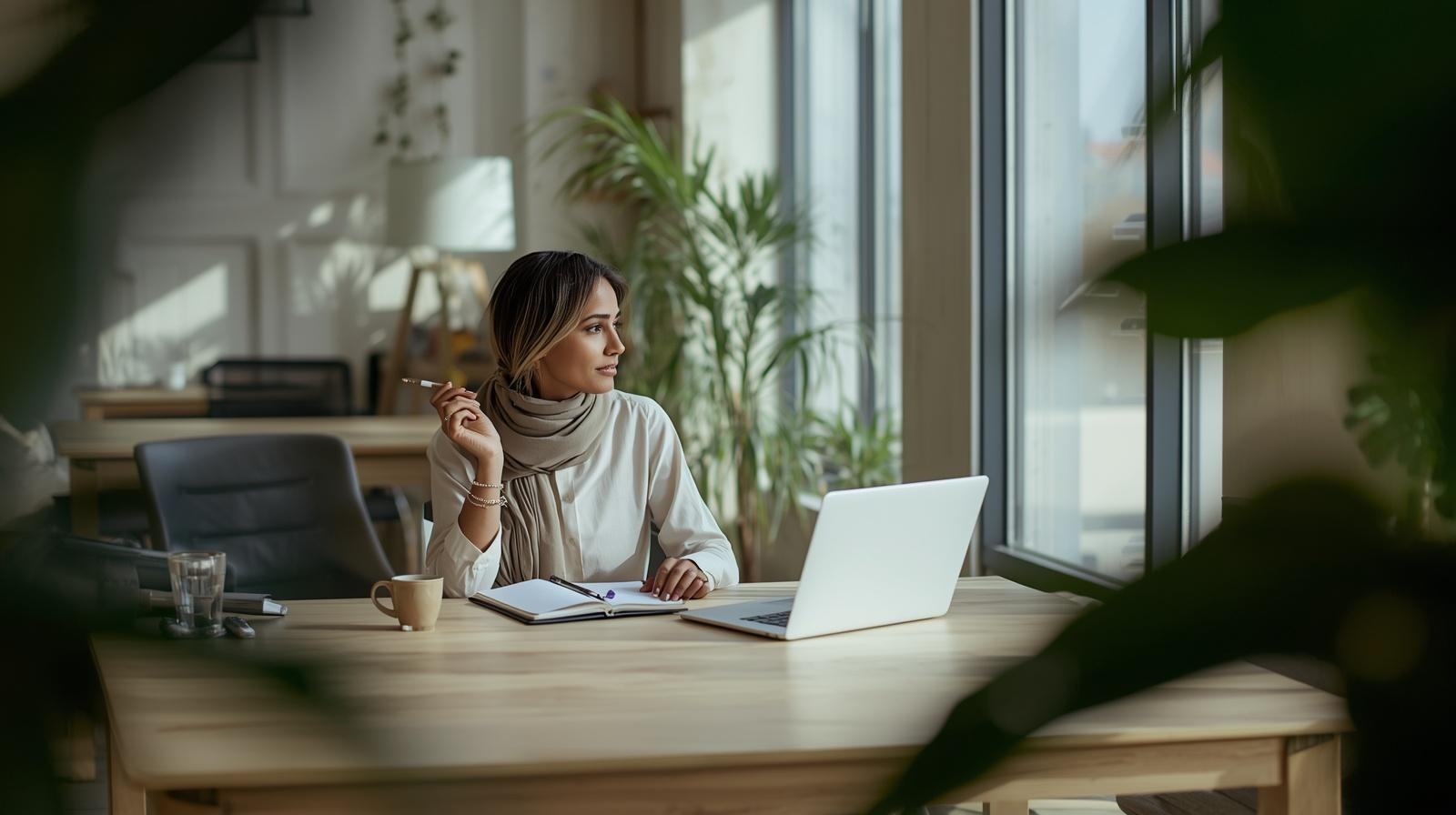 Solopreneure assise sur une chaise de bureau devant son laptop dans une position pensive. En pleine réflexion pour le développement de son activité entrepreneureuriale. Ambiance calme, végétalisé, sobre et professionnelle