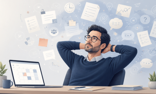 Solopreneur assis sur une chaise de bureau devant son laptop dans une position pensive. En pleine réflexion pour le développement de son activité entrepreneureuriale. Ambiance sobre et professionnelle